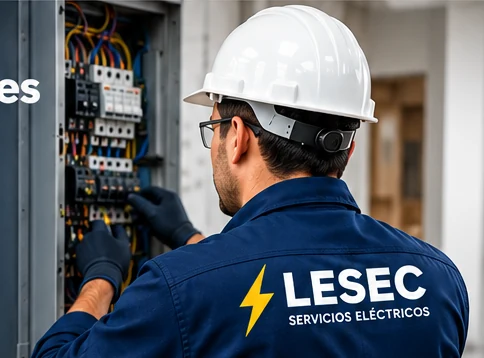 Técnico electricista revisando un tablero eléctrico con equipo de protección